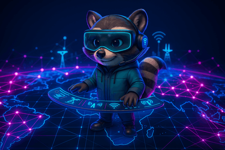 Stylised raccoon in front of a global network grid
