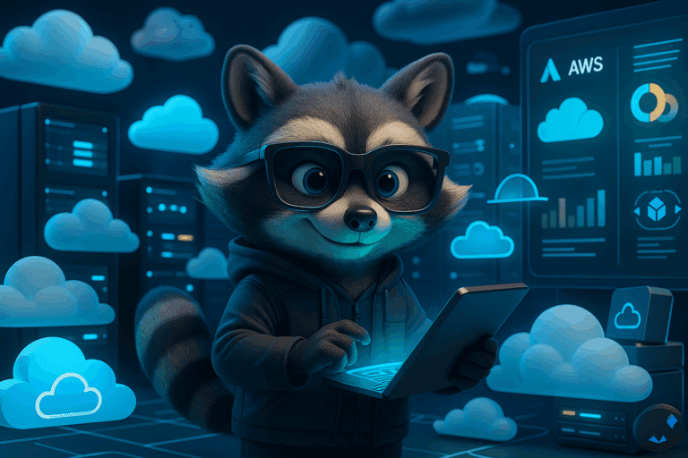 Raccoon engineer in front of cloud architecture diagrams and AWS icons