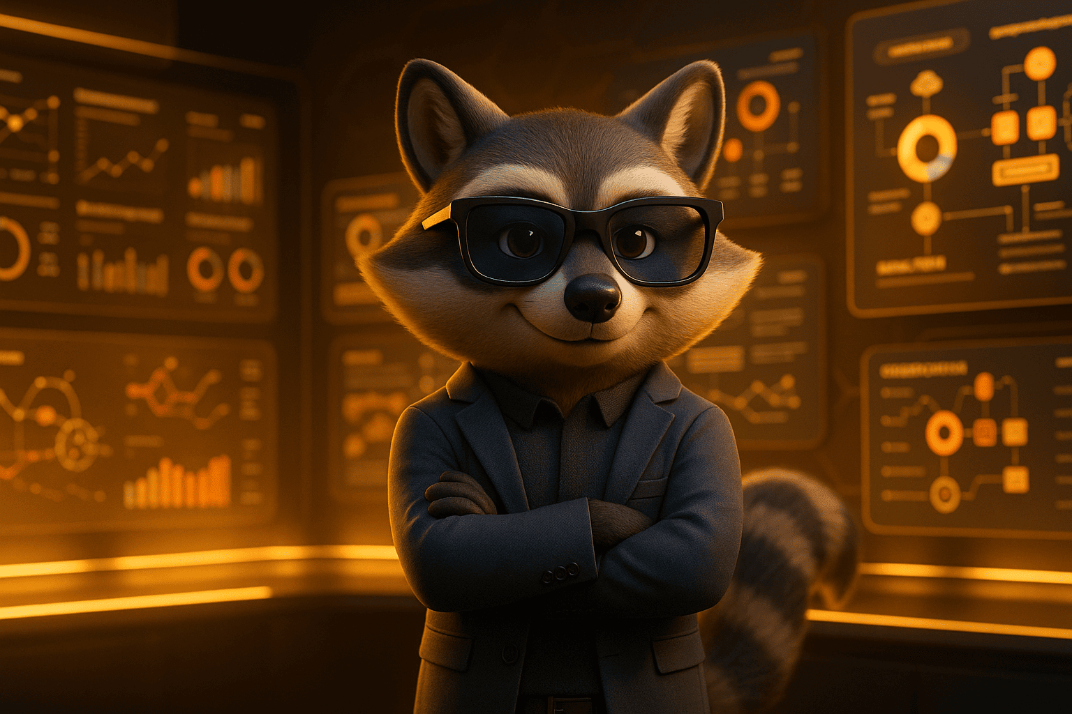 Raccoon engineer overseeing an industrial control room with PLCs and SCADA screens